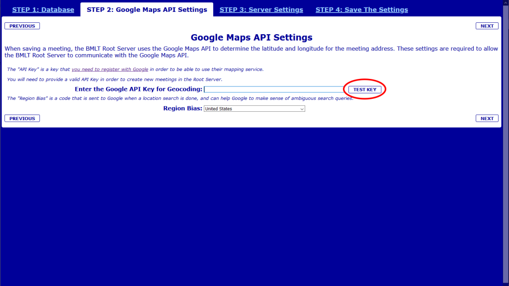 BMLT Server Google API Key Test